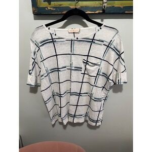 Tory Burch White Navy Teal Windowpane Plaid Linen Knit Pocket Tee Top Large